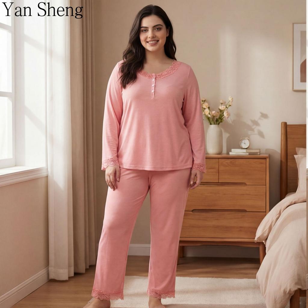 Women Pajama Set Plus Size Round Neck Long Sleeve Long Pants Two‑Piece Breathable Loungewear Home Suit for Spring Autumn Daily Wea