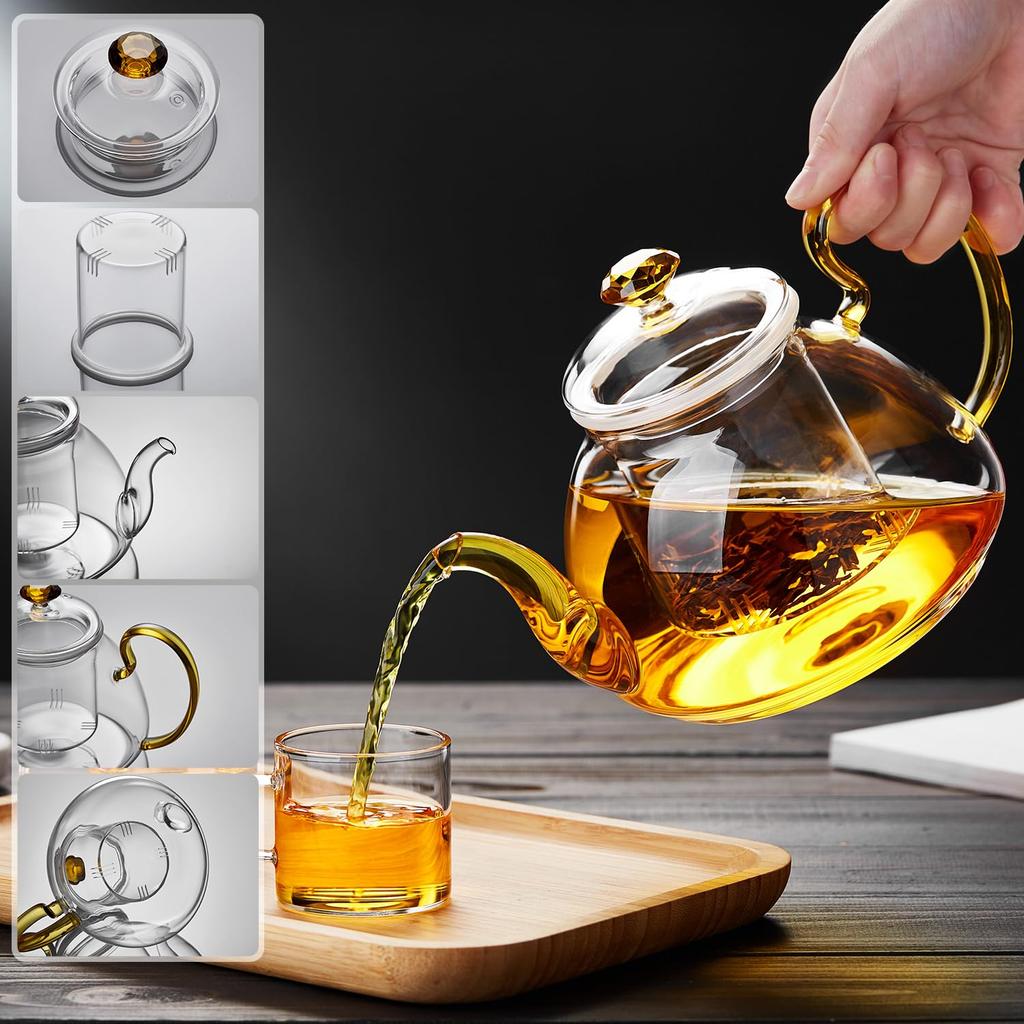 Pokaro Tea Heat-Resistant Glass Teapot, 1350ml, Handmade Glass Teapot, Stylish Transparent Teapot, Heat-Safe, Microwave-Safe, Easy To Clean, Large