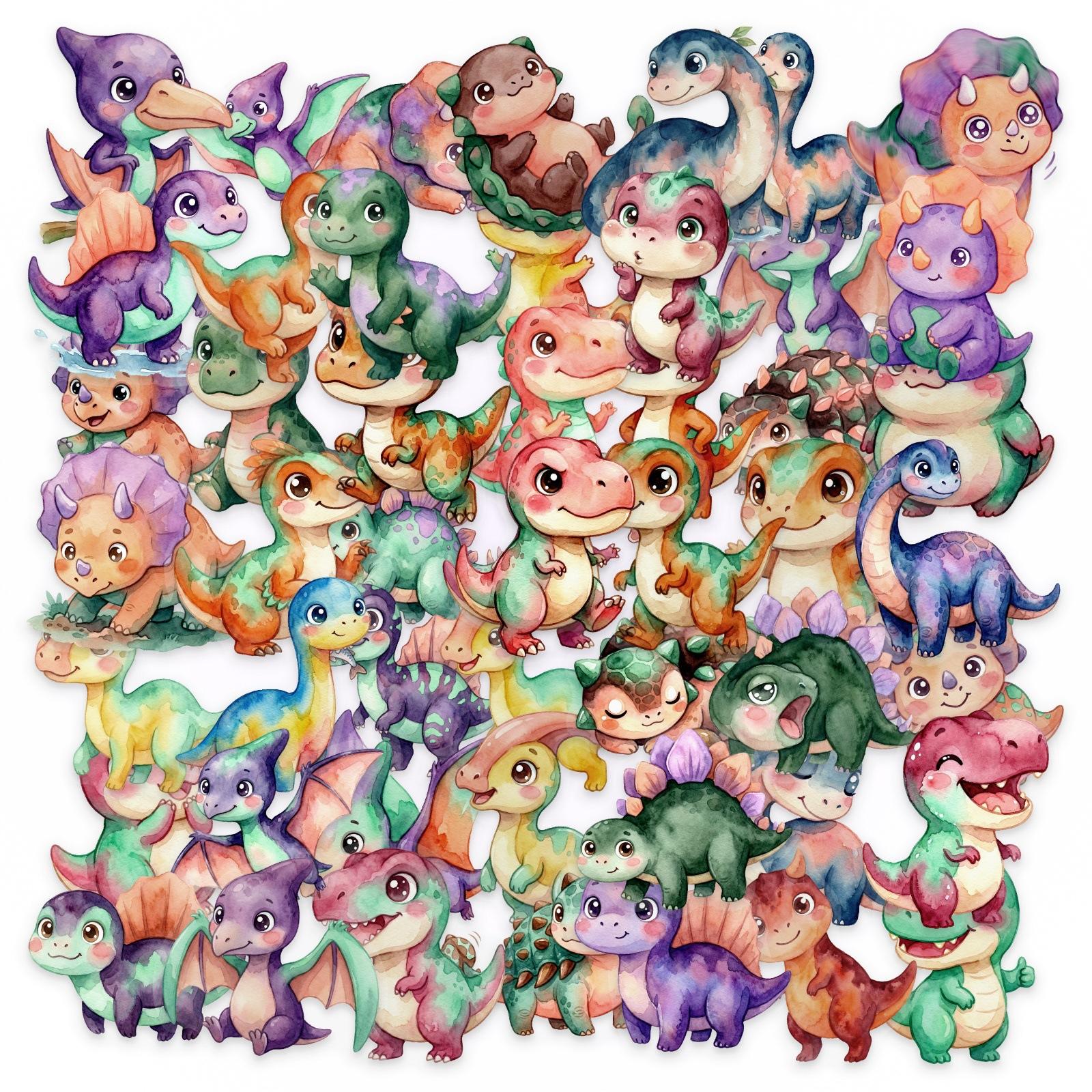 50 Watercolor Dinosaur Transparent Pet Stickers Cute Cartoon Handbook Diary Mobile Phone Case Stickers
