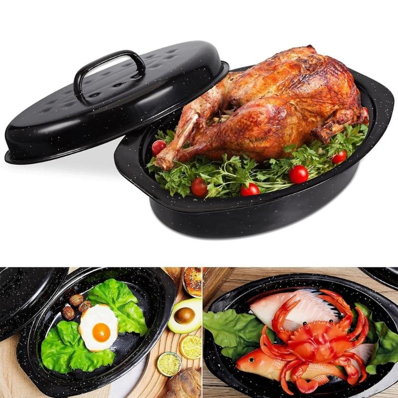 Enameled Iron Turkey Roaster With Lid Perfect For Baking Bread Roasting Meat And Vegetables Dishwasher Safe