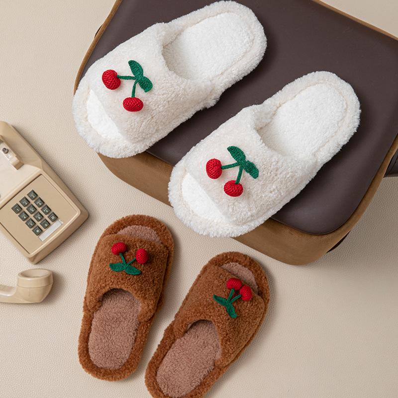 Cherry open cotton slippers ins warm fluffy slippers cherry contrasting plush slippers