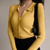 Women Lapel Slim Thin Jacket Buckle Sexy V-neck Long-sleeved POLO Collar Knitted Cardigan Sweater