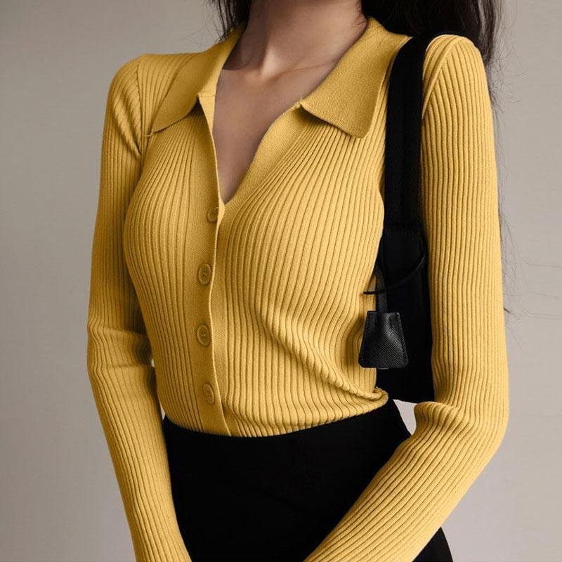 Women Lapel Slim Thin Jacket Buckle Sexy V-neck Long-sleeved POLO Collar Knitted Cardigan Sweater