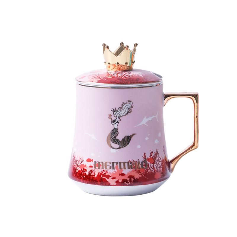 350ML Personalized Mermaid Couple Mug With Lid And Spoon Creative Ceramic Crown Cup Gift For Mens and Womens