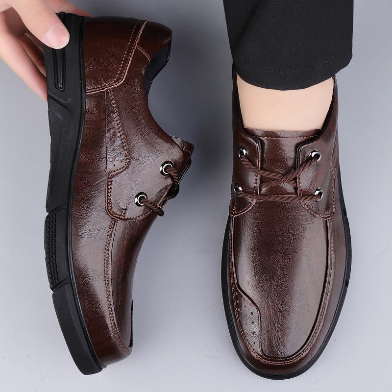 Men's Spring Low-Top Leather Lace-up Casual Shoes - Round Toe & Flat Sole