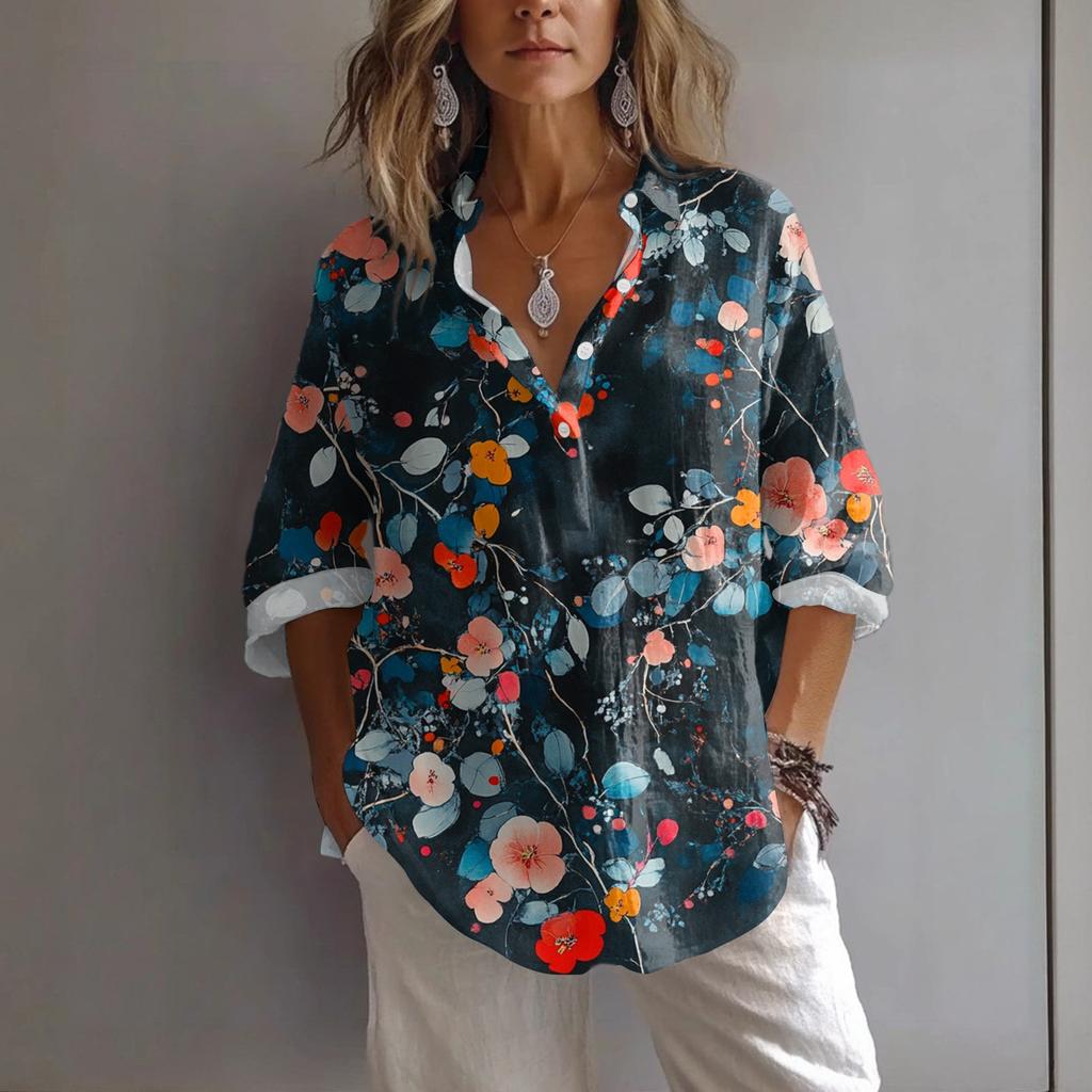 Women's Casual Spring And Summer Loose Printed Casual Sleeved Lapel Pullover Shirt