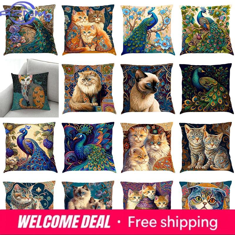 Nordic style peacock cat puppy oil painting print pillowcase x cm living room sofa cushion cover bedroom home decoration