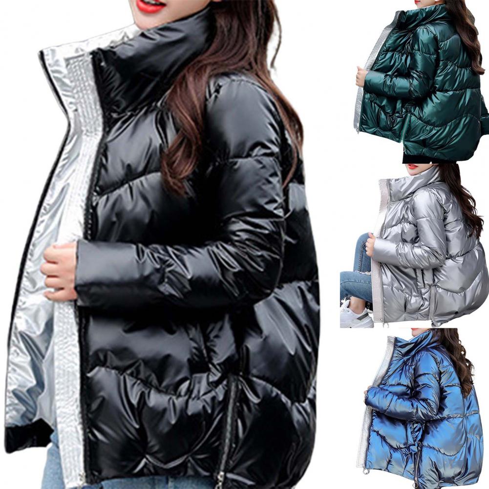 Glänzende Winter-Daunen-Baumwoll-gefütterte Jacke für Damen, dicke, leuchtend schwarze, kurze, glänzende Jacke, gelb-rote Baumwoll-Parkas-Oberbekleidung