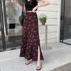 Retro Rose Print High-Waisted Side Slit A-Line Skirt - Women's Spring/Summer 2025 Collection