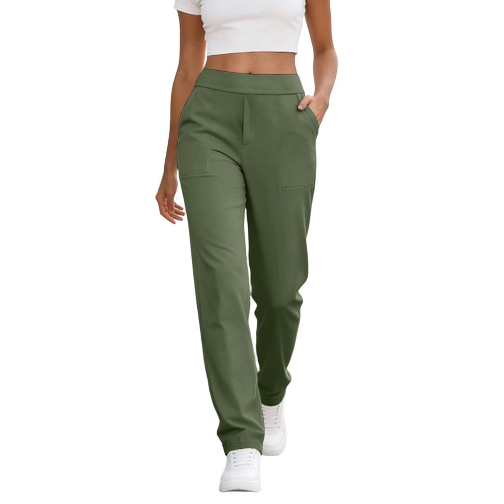 Women's Fashionable Color High Waisted Elastic Straight Leg Casual Pants With Pockets, Yoga And Fitness Pants