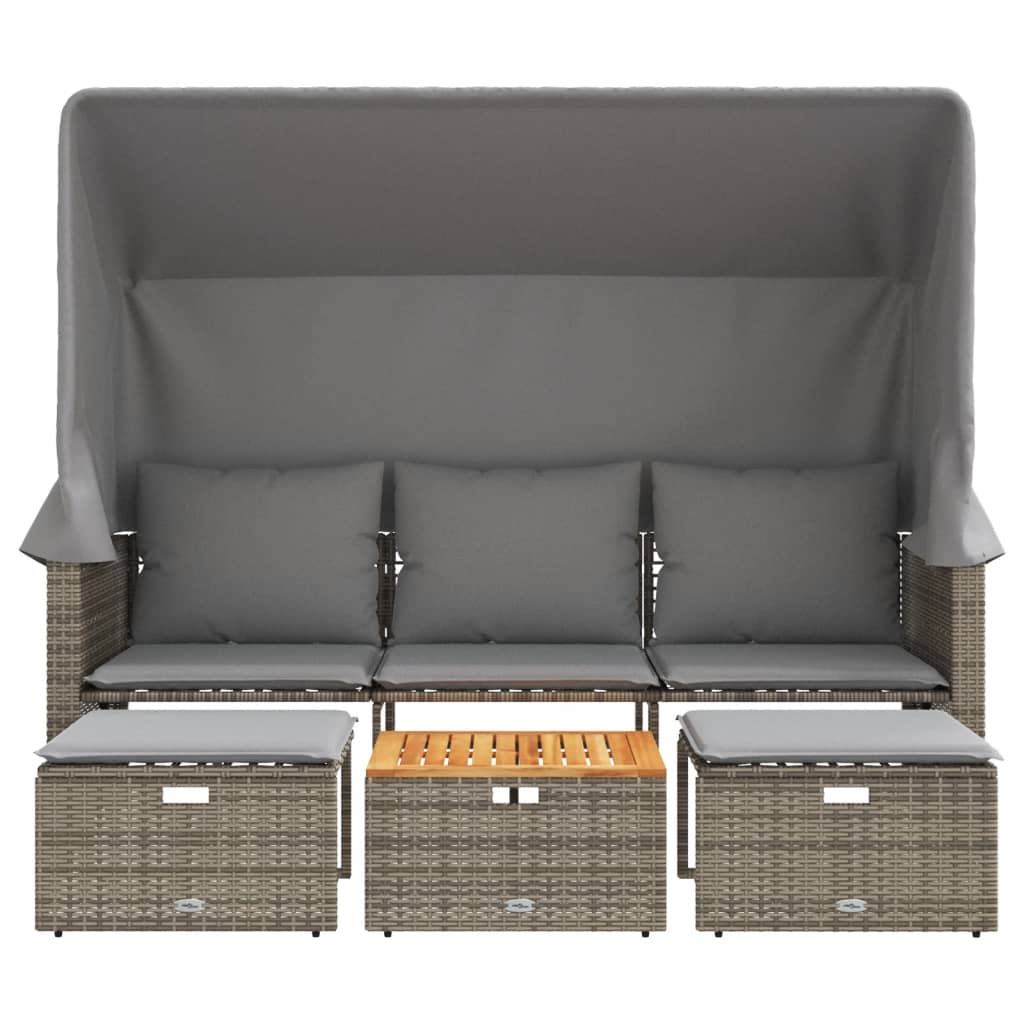 Outdoor 3 Seater Sofa with Canopy and Footstools Grey Poly Rattan