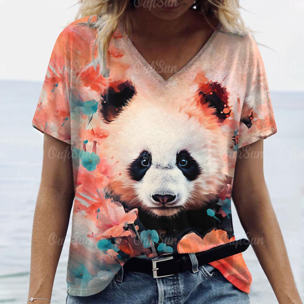 

Свободная женская одежда летние футболки с коротким рукавом и V-образным вырезом с принтом 3D животных и панды женские повседневные футболки S