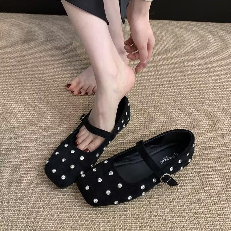 

2025 spring new rhinestone square head ballet flat-soled single shoes fashionable versatile foreign casual single shoes one-word buckle 35