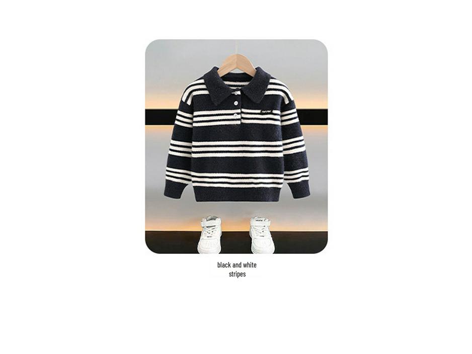 Klučičí podzimní 2025 korejský pruhovaný pletený svetr s límečkem - Měkký a ležérní s dlouhým rukávem pro malé až střední děti