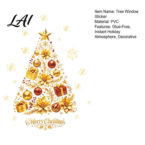 Christmas Window Clings 2 Sheets Gold Clings Static Stick Tree Snowflake Holiday Shop Displays Bauble Glass Decals No-Glue Removable Winter