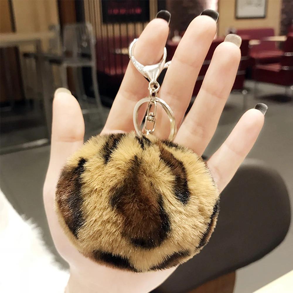 Nieuwe Luipaard Pompom Nep Konijnenbont Pluche Ronde Pluizige Bal Auto Tas Hangers Tas Bedel black