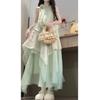 Summer New Pure Green Holiday Dress, Thin Flower Lace Splicing Neck Dress, Long Dress