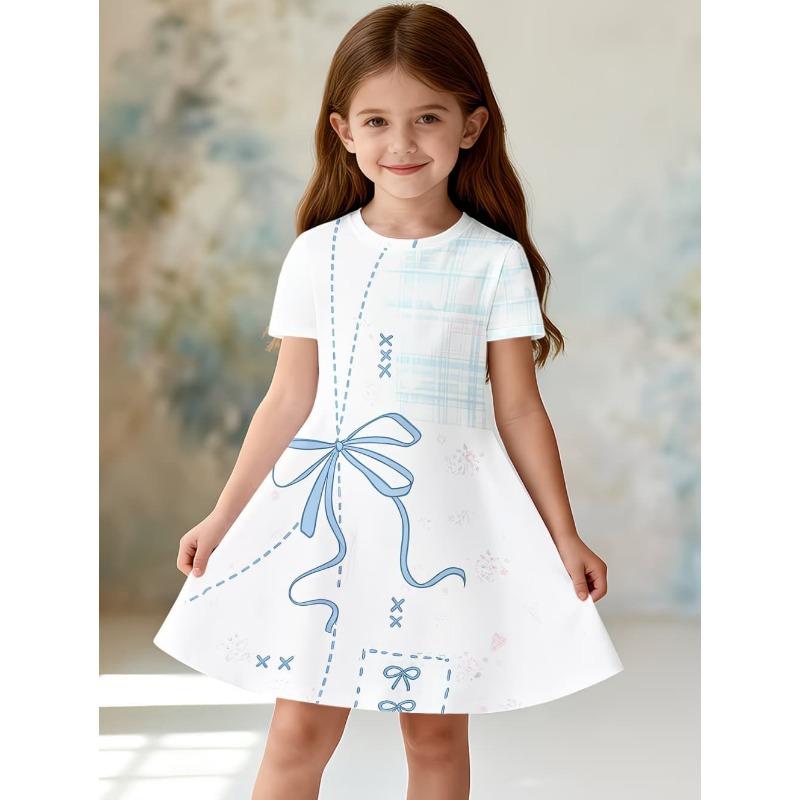 Girl Dresses Short Sleeve Summer Dress Bowknot Heart Print Hawaiian Vacation Beachwear Dress Outfits Bonfire Girls Party Dresses