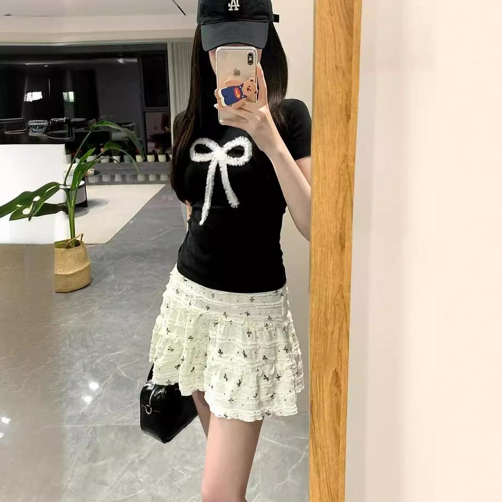 Design bow slim and thin short-sleeved T-shirt summer new niche ins fashion chic Spice Girl top