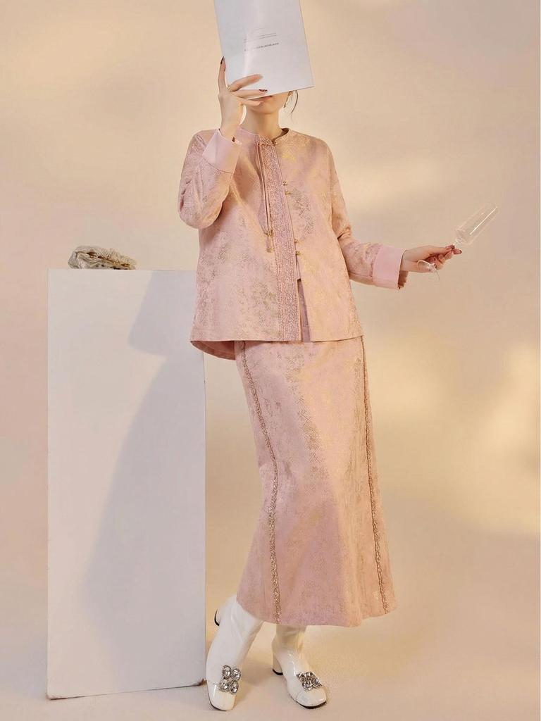 Elegant Jacquard Embroidered Jacket & Skirt Set - Women's Chinese Style P0136
