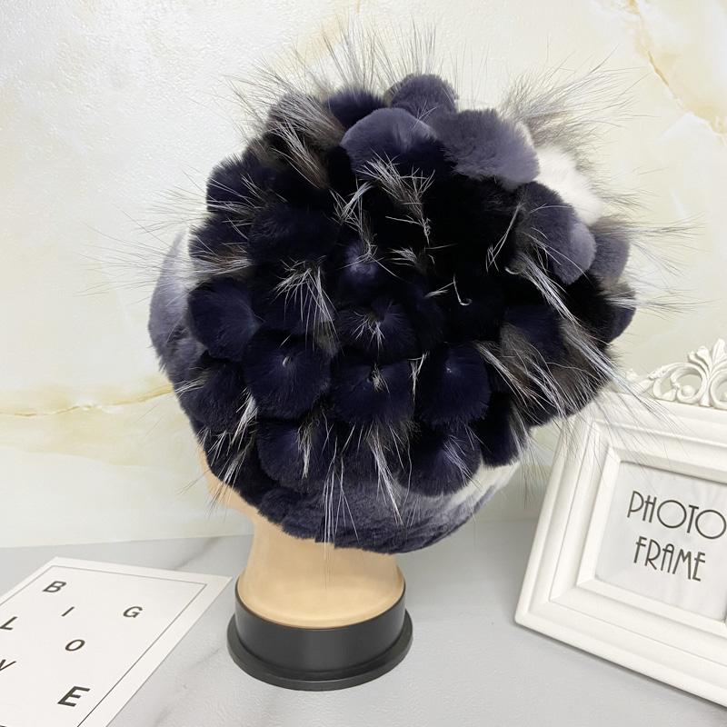New Natural Rabbit Fur Hats for Women Striped Floral Fox Fur Beanies Female Winter Warm Knitted Outdoor Thick Snow Caps Beanies