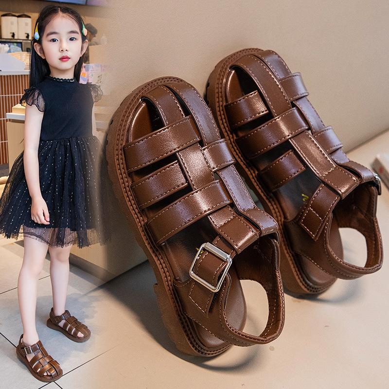 

Girls sandals 2025 summer new fashion bag head children s Roman sandals Korean version soft sole with foreign princess shoes 30 коричневый