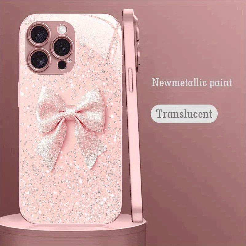 White Dot Pink Bow Pattern Pink Metal Tempered Glass Phone Case For iPhone 17 16 15 14 13 12 11 Pro Max 15 Plus 17 Air 16E Cover