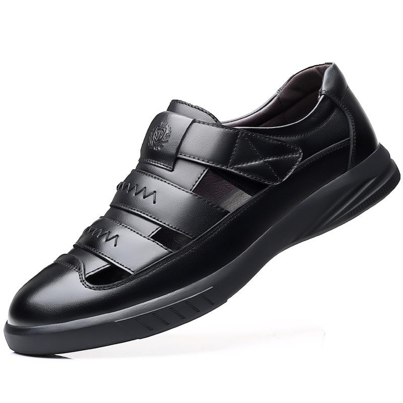 Men's casual leather sandals men's Korean version trend hole shoes summer men's shoes work shoes men's black Velcro sandals