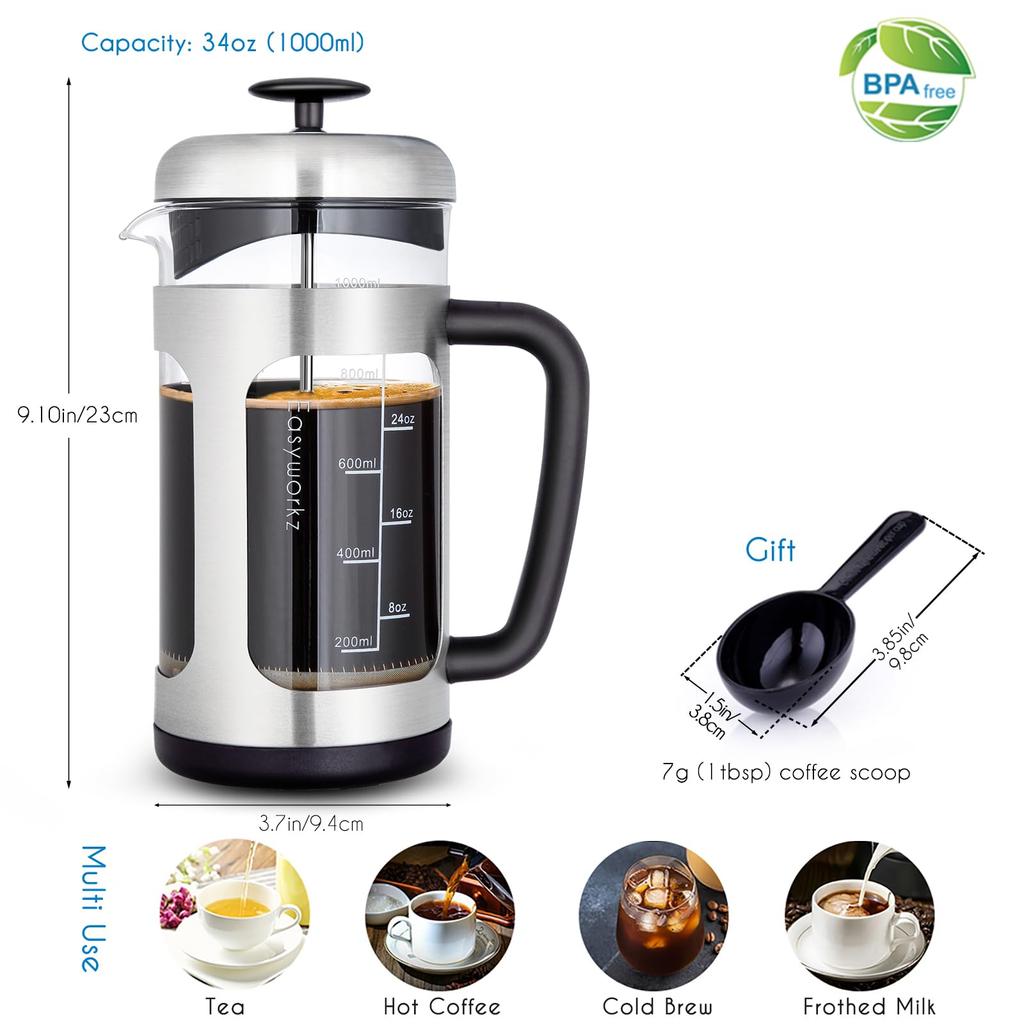 Easyworkz French Press, Stainless Steel, Heat-Resistant Glass, Soft Grip, 1000ml (8 Cups), Silver