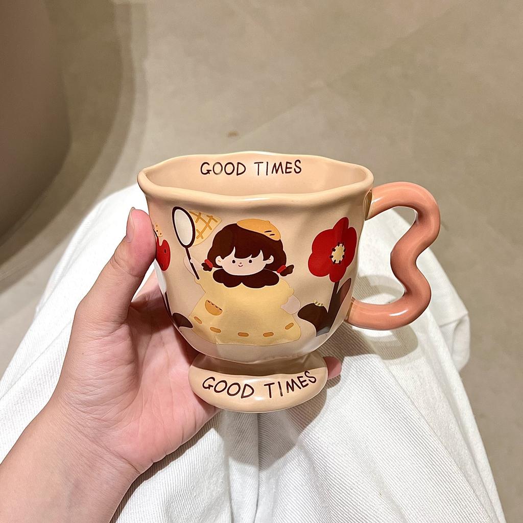 High-value Mug Ceramic Cup with Lid and Spoon Cute Drinking Cup Girls Office Coffee Breakfast Cup