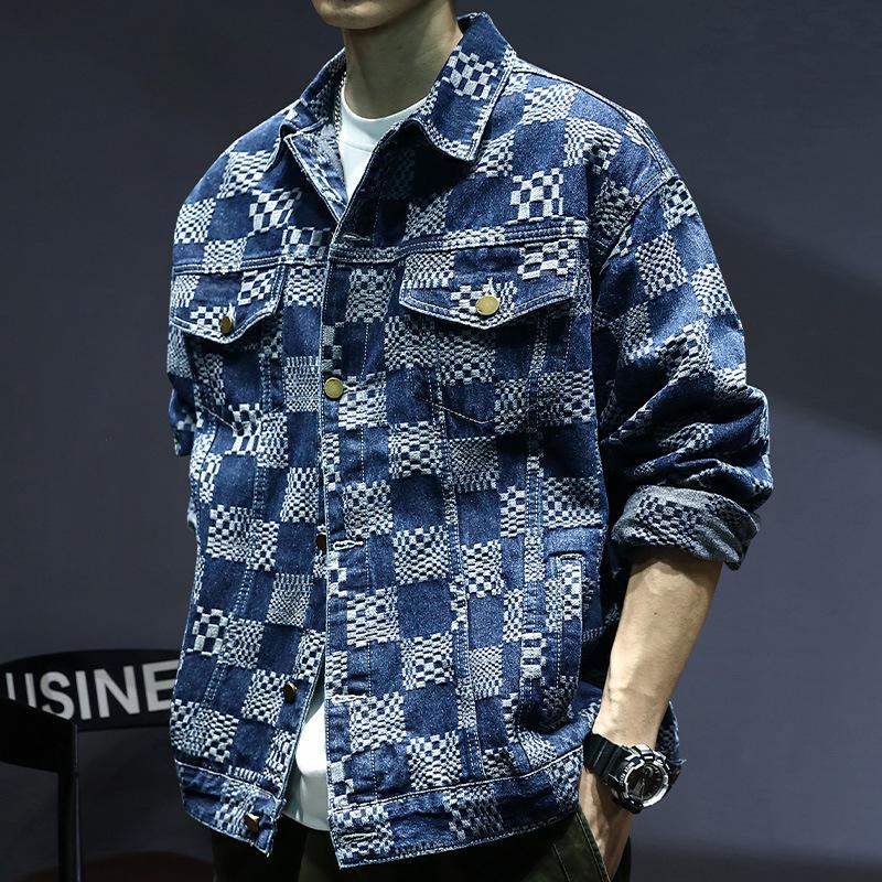 Herren Trendige Karierte Jeansjacke - Frühling/Herbst Streetstyle, Lockere Passform, Inspiriert von Hongkong, Attraktives Workwear-Oberteil