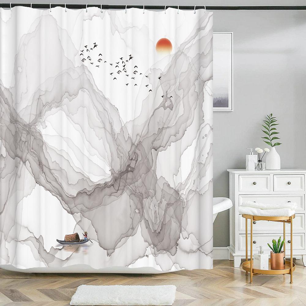 Chiński styl tuszu krajobrazowy zasłona prysznicowa malowniczy wzór Wodoodporna tkanina zasłona łazienkowa zmywalna Zasłony łazienkowe Wielorozmiarowe