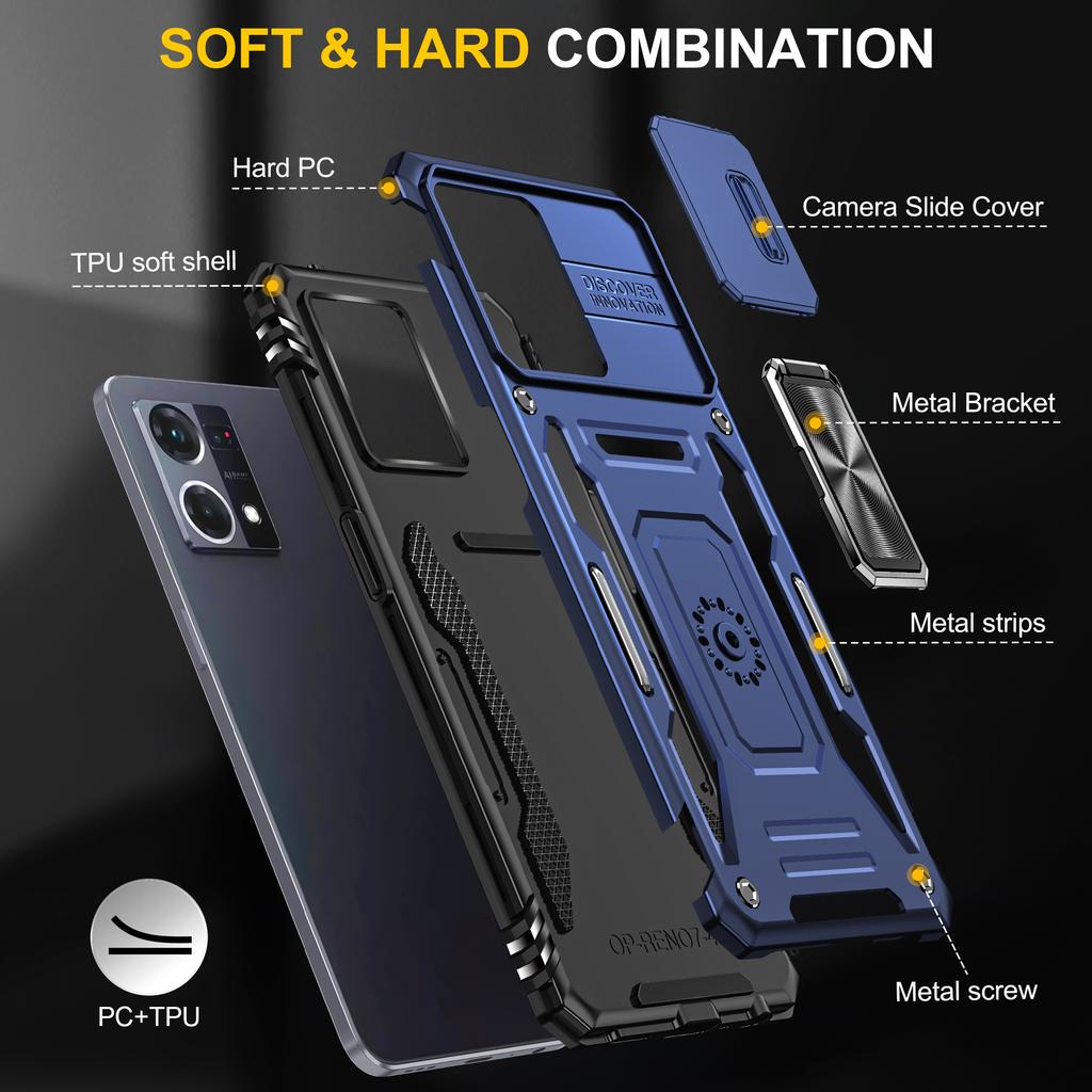 For Oppo Reno7 4G Armor Series Drop-proof PC+TPU Cover Kickstand Phone Case with Slide Lens Lid