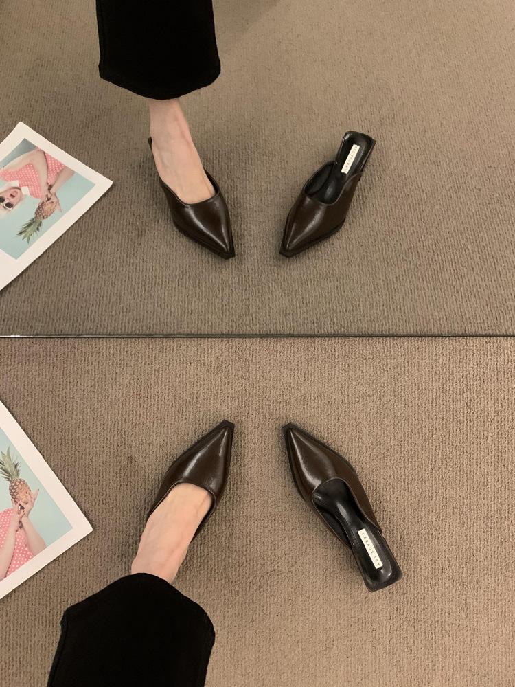 Nai Pai~ Retro bag head half slippers for women wearing lazy people with one pedal, pointed muller shoes, thick heel half support single shoes for w