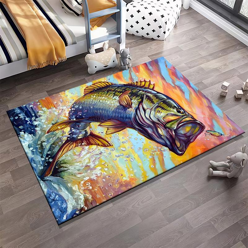 Colorful Carp Jumping Design, Vibrant Fishing-Themed Carpet Decor Suitable for use as an anti-slip for living room bedroom sofas