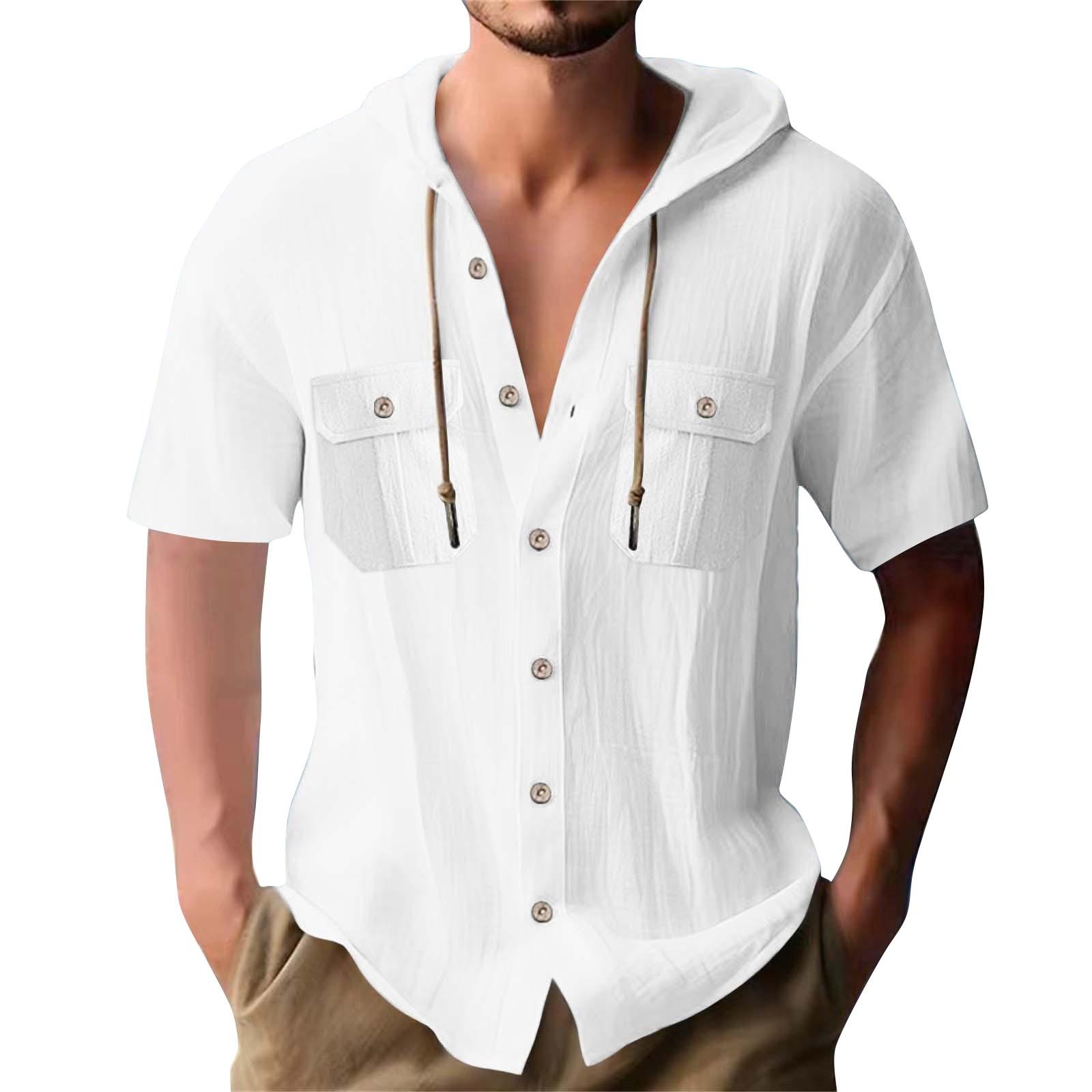 

Мужская летняя однотонная куртка с карманами из хлопка и льна с коротким рукавом, на пуговицах, с капюшоном XXXL белый