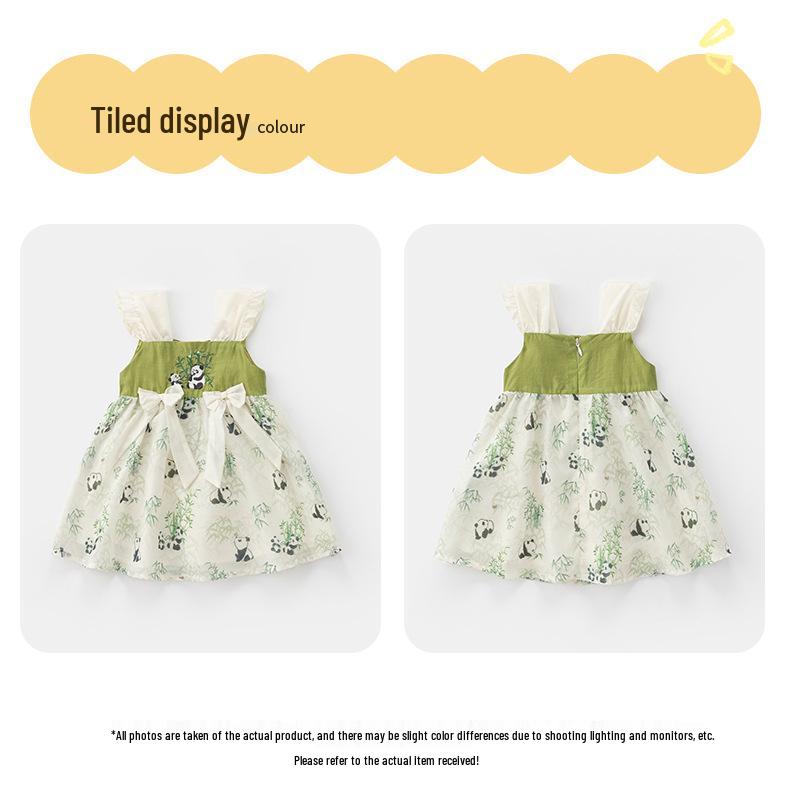 2025 Summer Baby Girls' Chinese Style Puff Sleeve Sling Dress with Frog Buttons - Princess Design for One-Year-Old