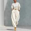Women Long Sleeve Loose Fit Top High Waist Wide Leg Pants Set Solid White