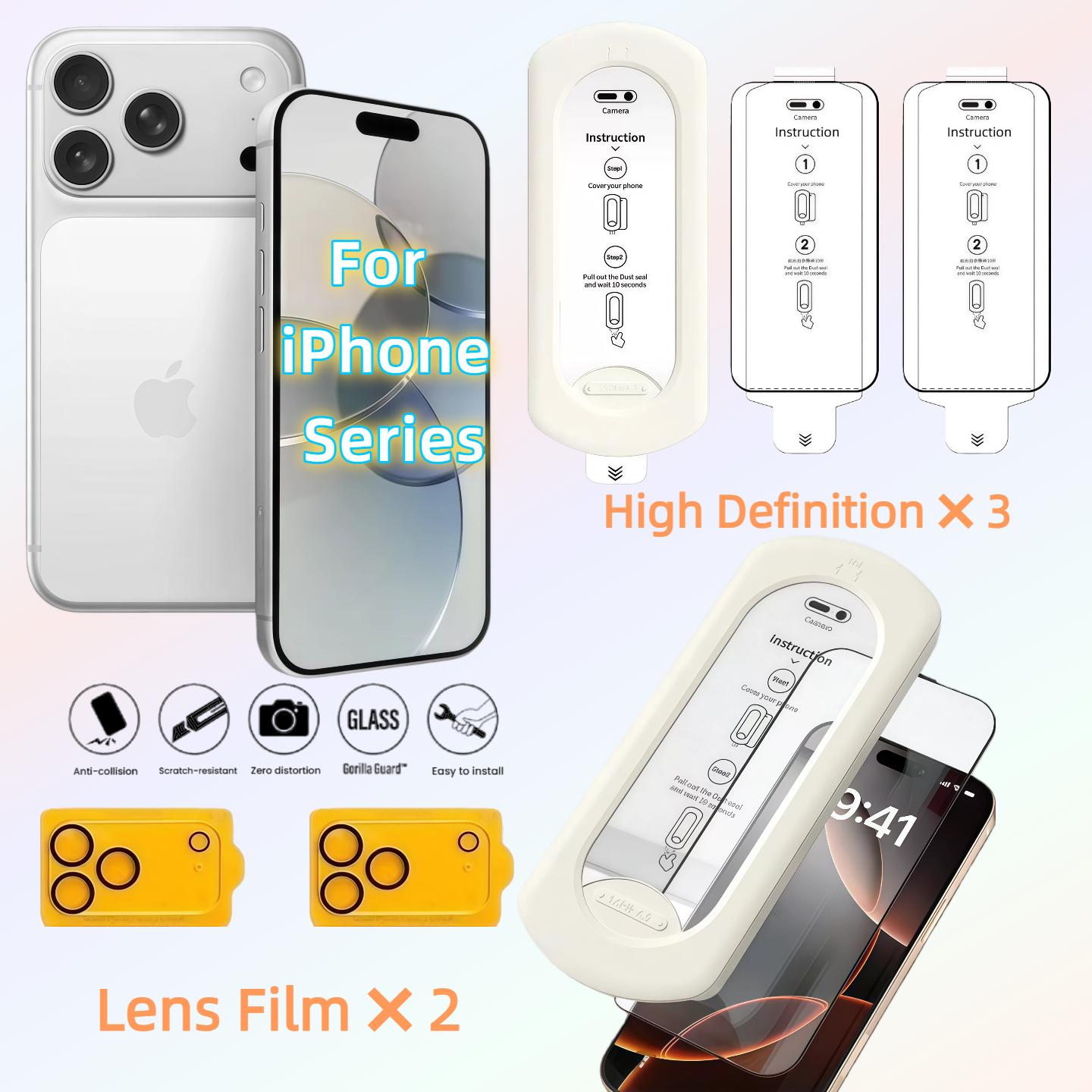 

3PCS HD tempered glass screen protector for iPhone Air/17ProMax/16Plus/15Pro/14/13/12/11 series + 2PCS rear camera lens protecto iPhone Air багровый