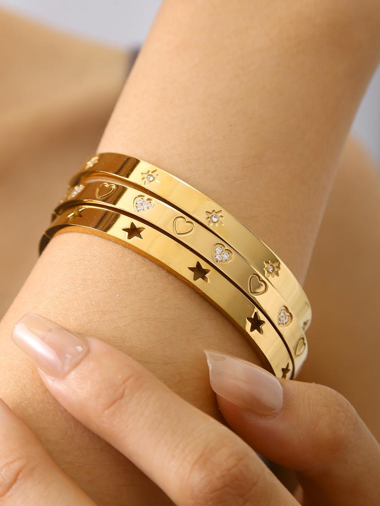 Light Luxury Simple 18k Gold Plated Stainless Steel Star, Sun, Heart with Zirconia Bracelet, Women's Carabiner Bracelet