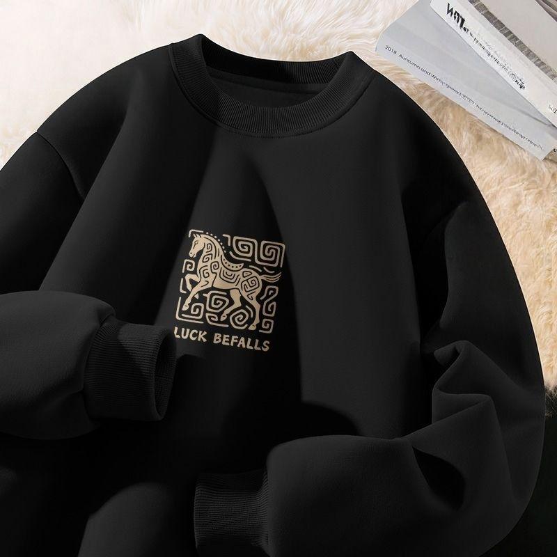 Men's Year of the Horse Red Coral Fleece Hoodie with Velvet Lining - Loose Fit, Pure Cotton, Round Neck