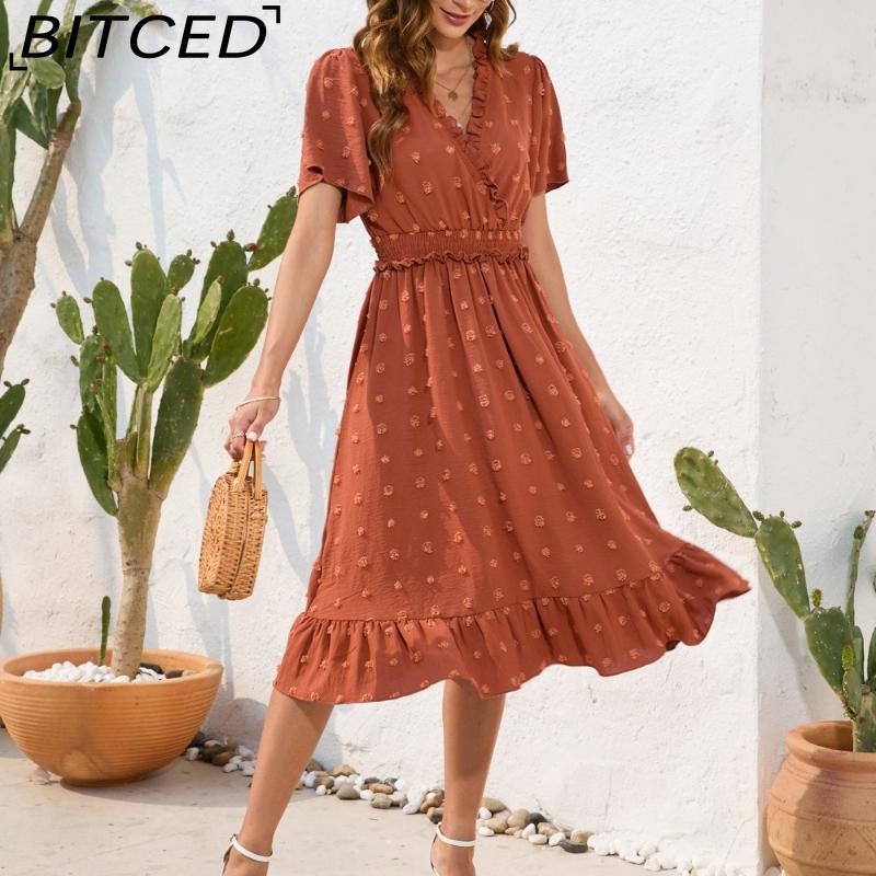 

BITCED V-Neck High-Waisted Tie-Detail Short-Sleeve Casual Resort Dress XXL коричневий