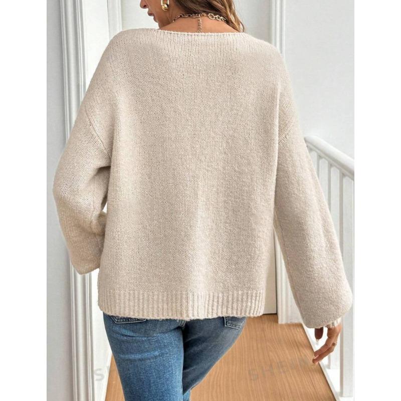 Women's Fashion Casual Fall Winter Solid Color Print Long Sleeve O-Neck Sweaters