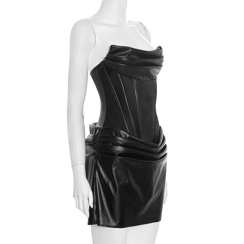 European & American Women's Sexy Strapless PU Leather Ruched A-line Dress