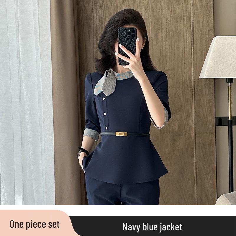 Women's Summer Seven-Sleeve Waist-Cinching Professional Suit for Jewelry Stores, Salons, and Hotel Receptionists