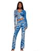 European & American Animal Print Hooded Color Block Elastic Jacket & Pants Set