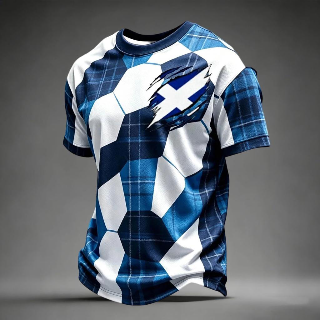 T-shirt Casual da Uomo con Maniche Raglan e Stampa a Quadri Calcio Scozzese, Manica Corta, Girocollo, per l'Uso Quotidiano