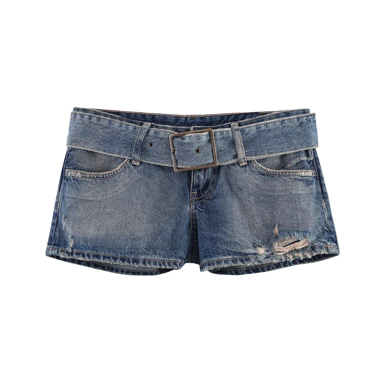 European and American style, new women s clothing, classic, with belt ripped denim shorts 5575001 XS синий