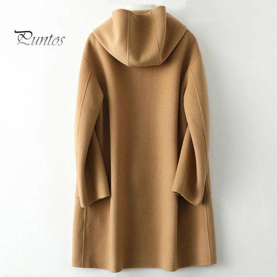 Damen Wintermantel beidseitig Wollstoff einfarbig Trenchcoat mit Kapuze Übermantel Locker Große Taschen Oberbekleidung Streetwear