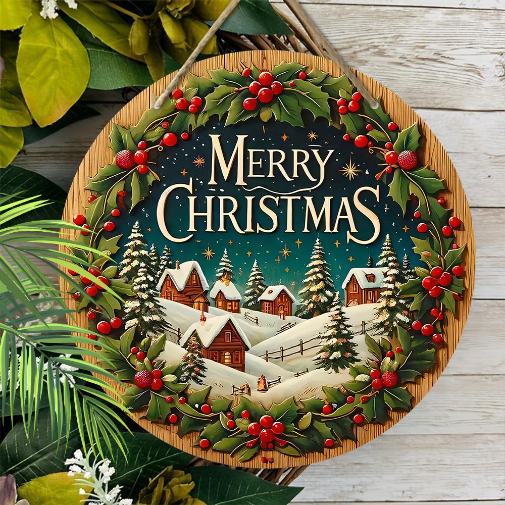 Merry Christmas Wooden Sign with Snow House Pattern - Navidad Wooden Sign for Front Door, Yard, Balcony, Window Decor - Ideal Christmas Gift